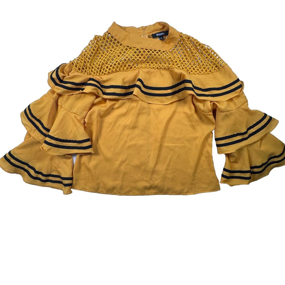 Ups & Downs Mustard Tiered Ruffle Blouse Mesh Neck Bell Sleeves Carnival M